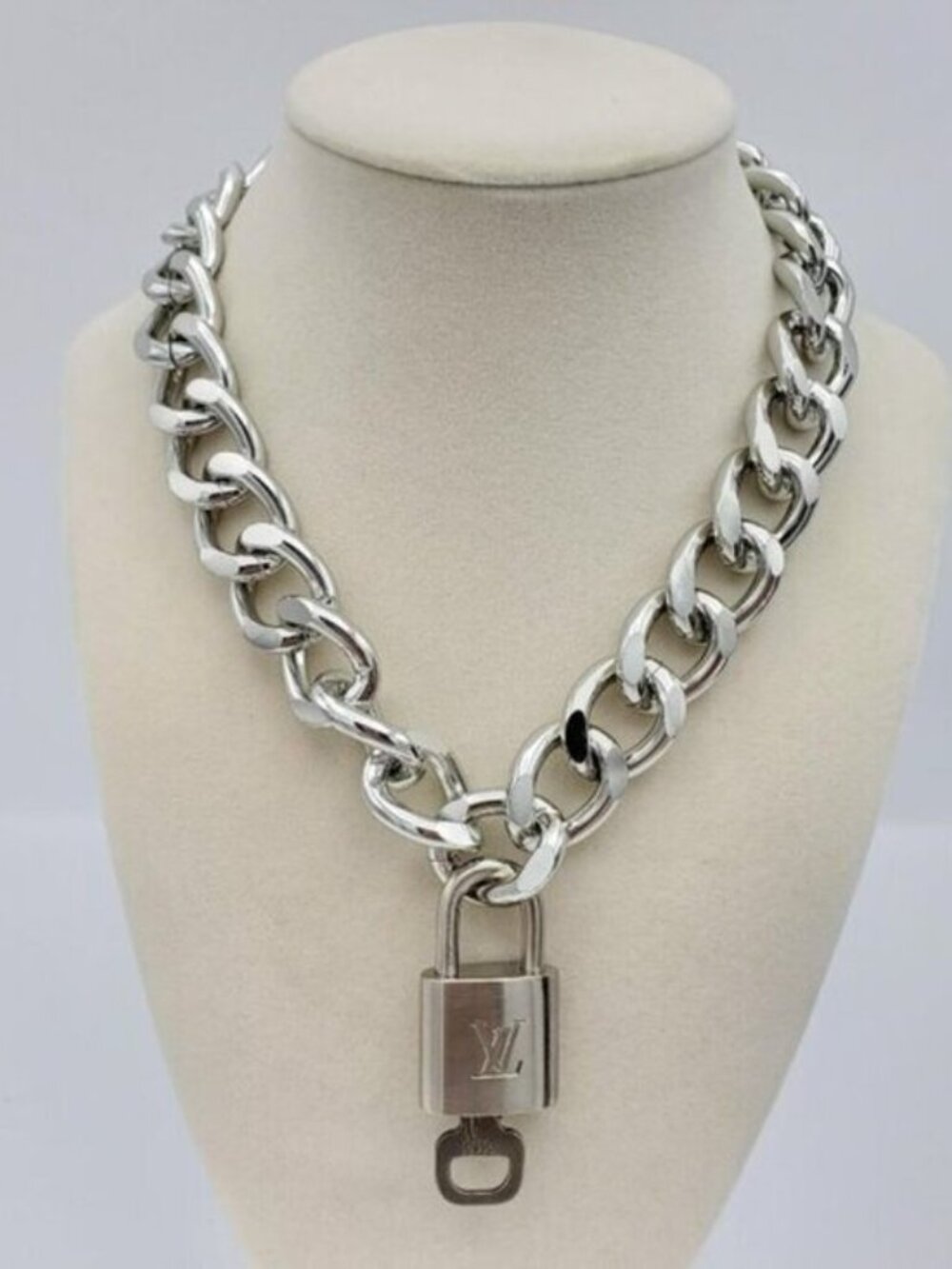 Authentic Louis Vuitton Padlock w/Unbranded Stainless Steel Plated Silver Chain
